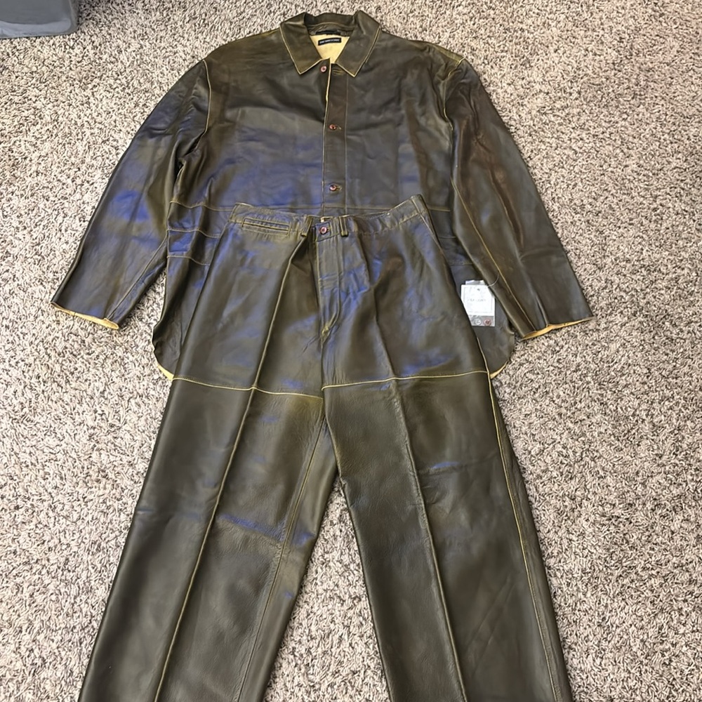 Saxony Vintage Leather Y2K 2 Piece Button Down Jacket‎ Pants Men’s Set Size 2X